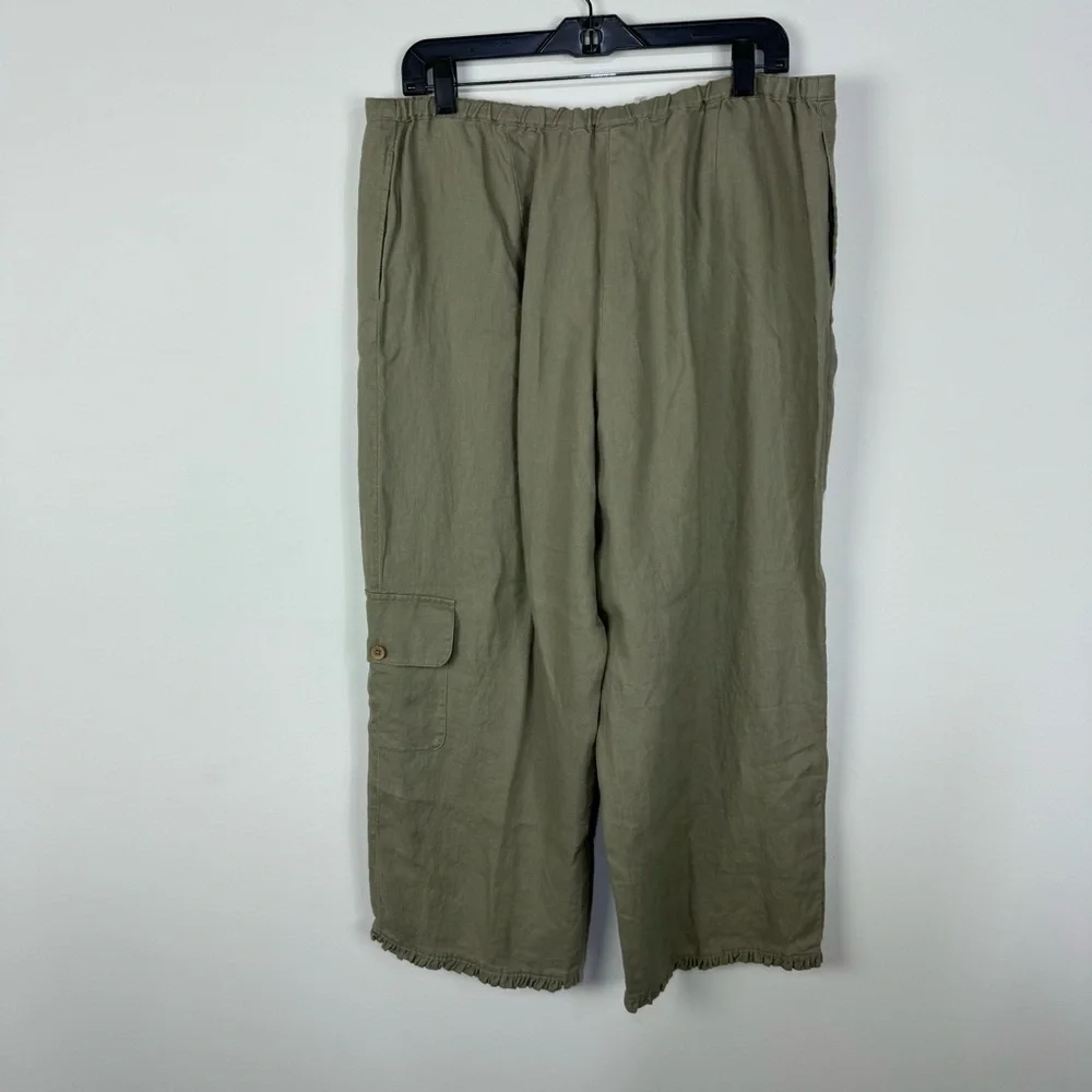 J.Jill Green Linen Straight Leg Cargo Lettuce Hem Wide Leg Pants Summer Beach
